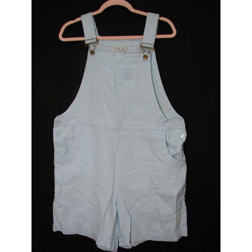 Real Comfort Sz L 100% Linen Light Blue Bib Overall Shorts Shortalls Beachy Boho